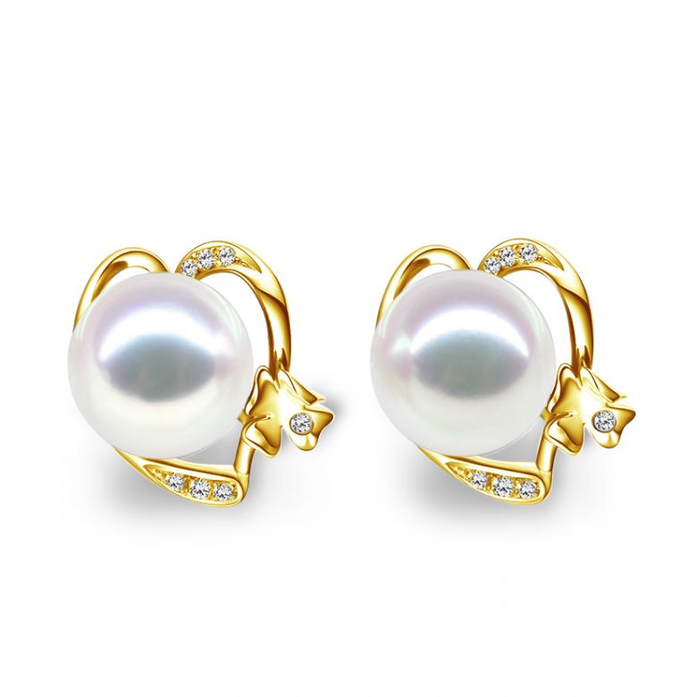 Boucles d'oreilles clous - Perles Akoya - Or jaune et Diamants - 1