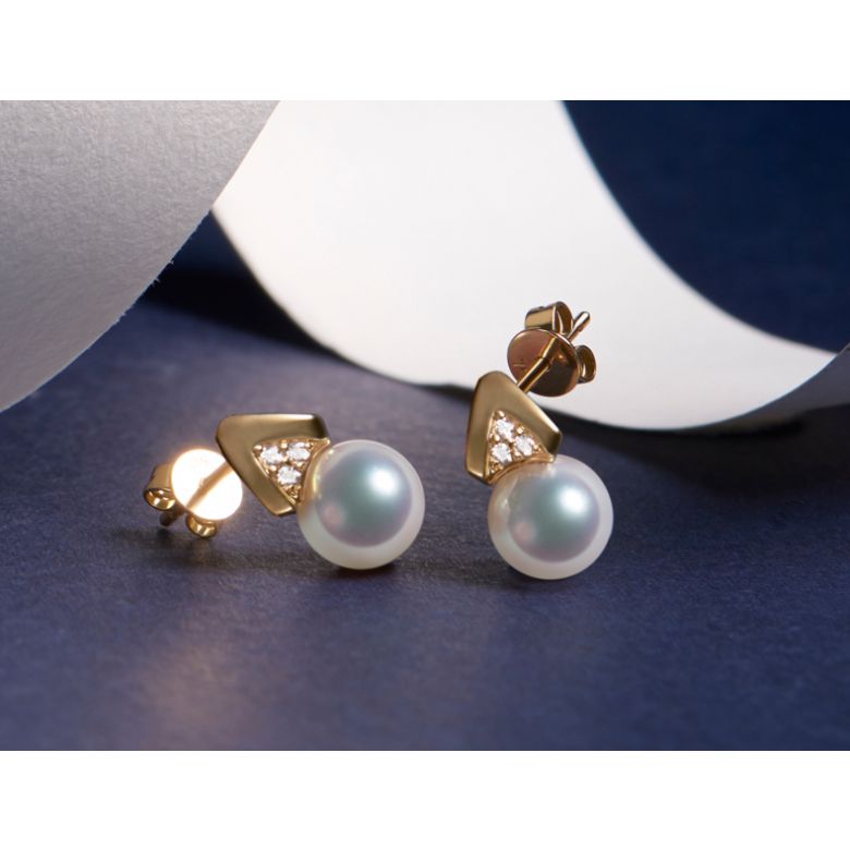 Boucles oreilles triangulaires. Perles Akoya Japon, Or jaune, Diamants - 3