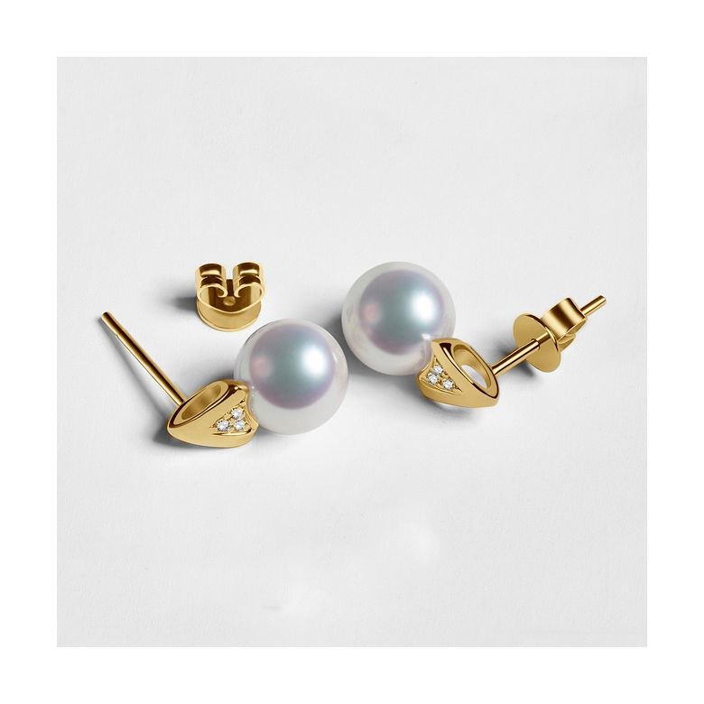 Boucles oreilles triangulaires. Perles Akoya Japon, Or jaune, Diamants - 6
