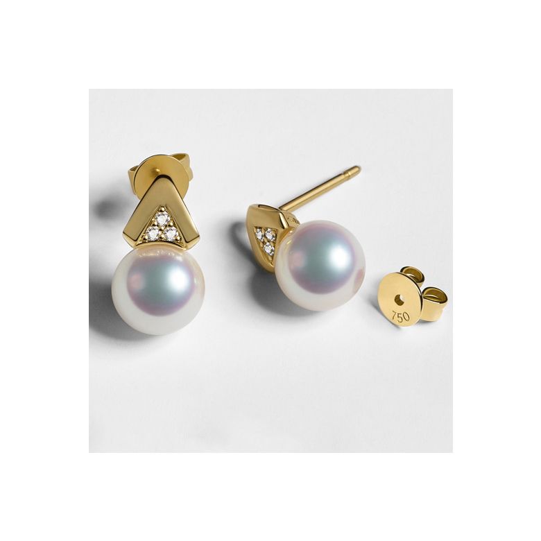 Boucles oreilles triangulaires. Perles Akoya Japon, Or jaune, Diamants - 5