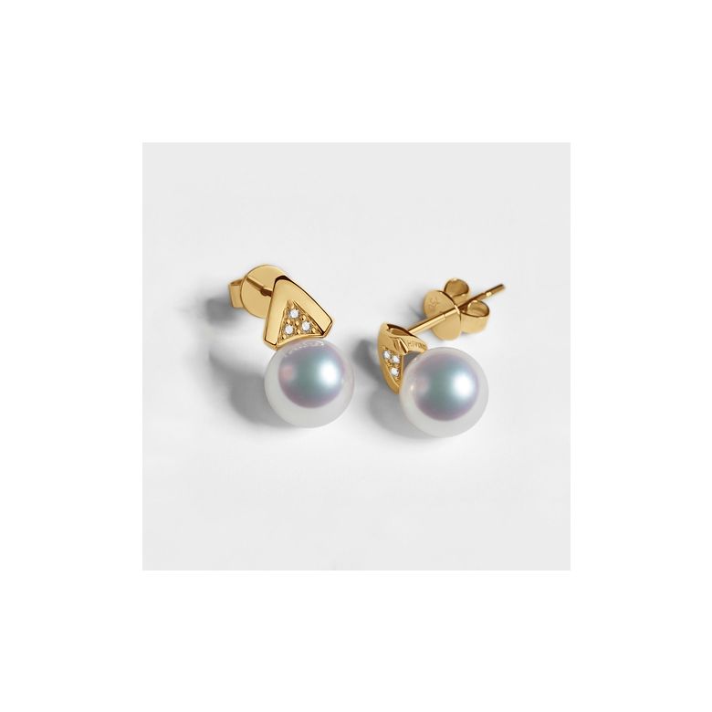 Boucles oreilles triangulaires. Perles Akoya Japon, Or jaune, Diamants - 8