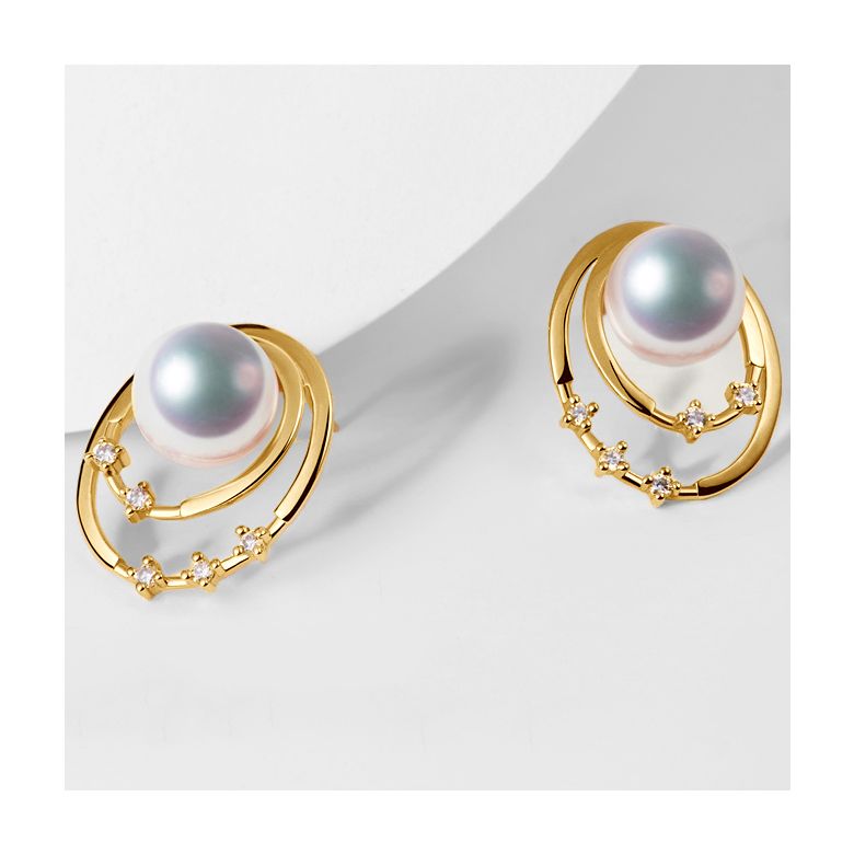 Boucles oreilles perles Akoya, Or jaune, diamants. Motif double cercle - 5