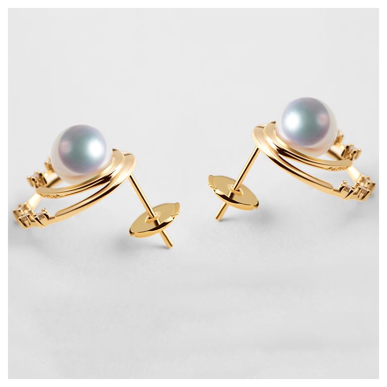 Boucles oreilles perles Akoya, Or jaune, diamants. Motif double cercle - 4
