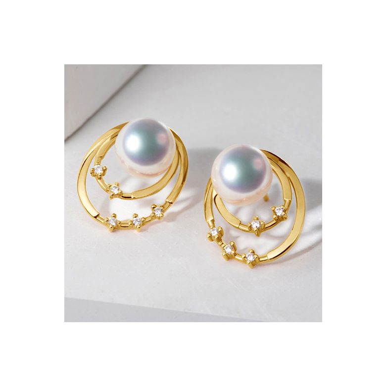 Boucles oreilles perles Akoya, Or jaune, diamants. Motif double cercle - 2