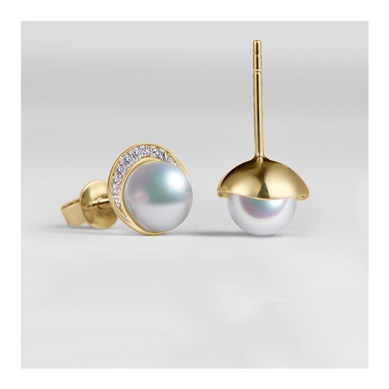 Boucles oreilles couronne Or jaune Diamants. Perles Akoya - 8