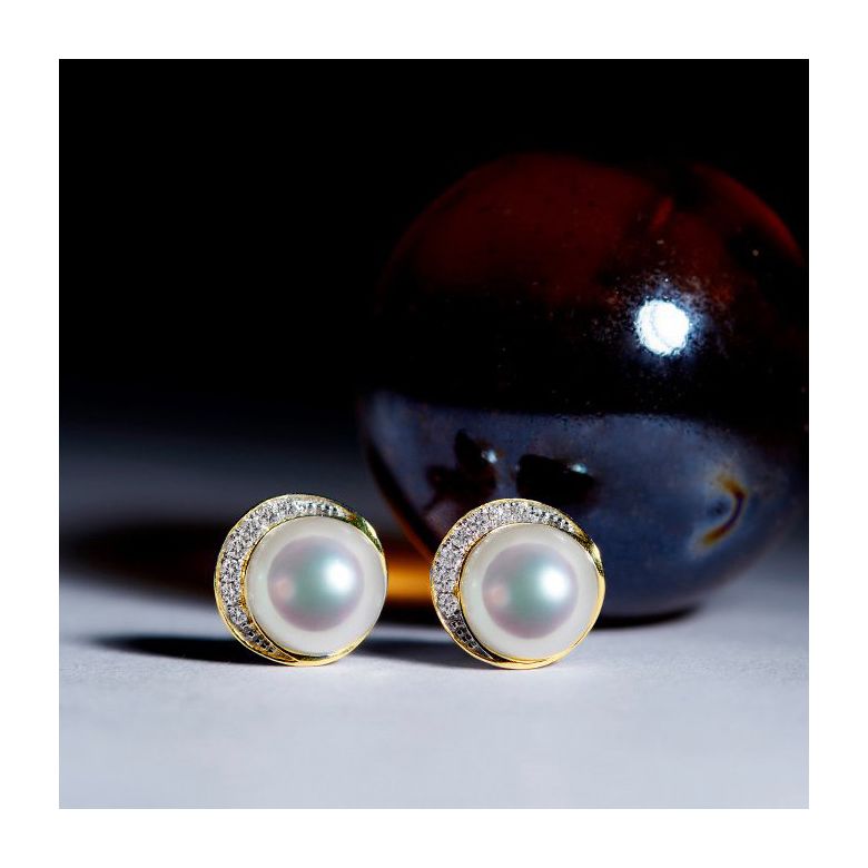Boucles oreilles couronne Or jaune Diamants. Perles Akoya - 5