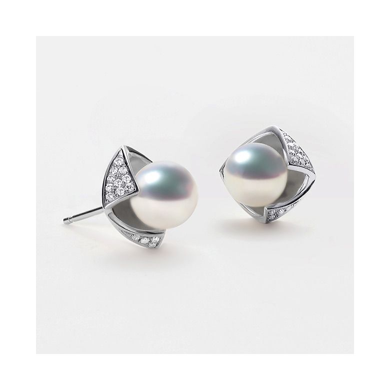 Boucles Oreilles Fukiyose Or blank Perles Akoya Diamants - 2