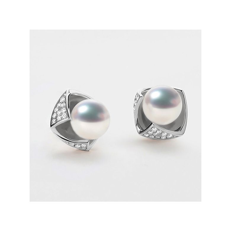 Boucles Oreilles Fukiyose Or blank Perles Akoya Diamants - 4