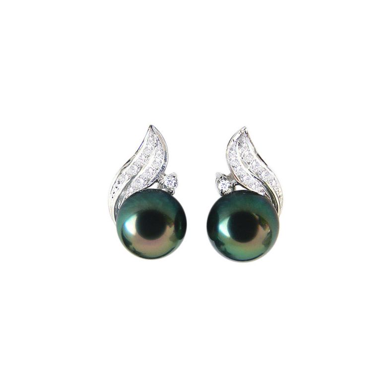 Boucles Oreilles Perles Rosée du Soir Tahitienne. Or blanc - 1