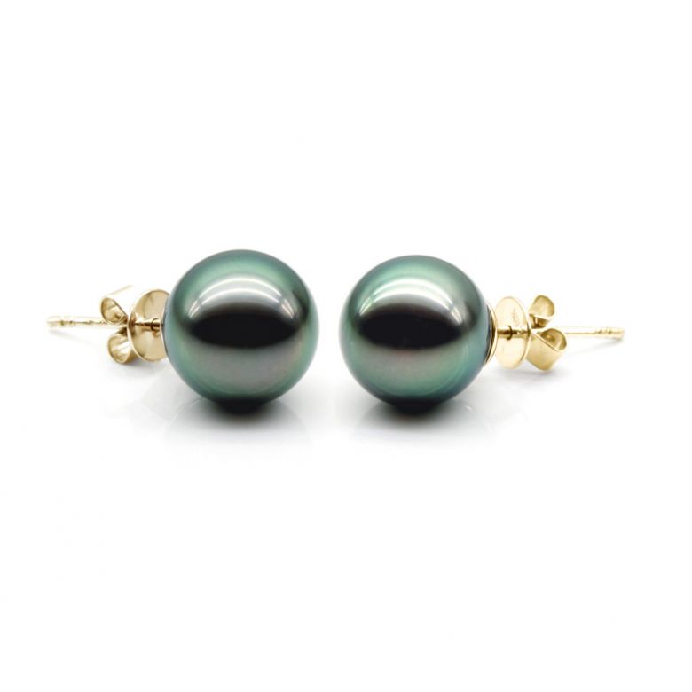 Boucles oreilles clous, or jaune - Perles de Tahiti noires, orient vert - 9/10mm - GEMME - 4