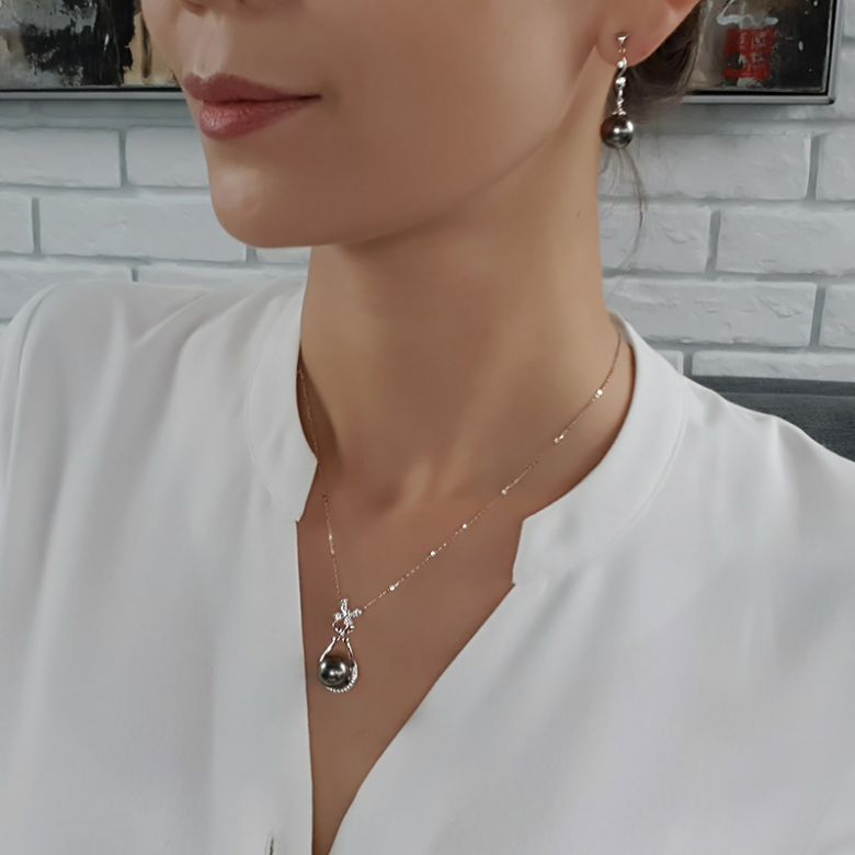Boucles oreilles perles de Tahiti noires - Style contemporain - Or blanc - 4