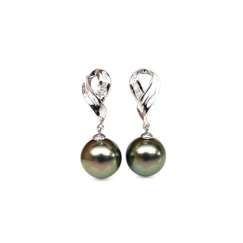 Boucles oreilles perles noires - Perle de Tahiti - Or blanc - Diamants sertis rails - 1