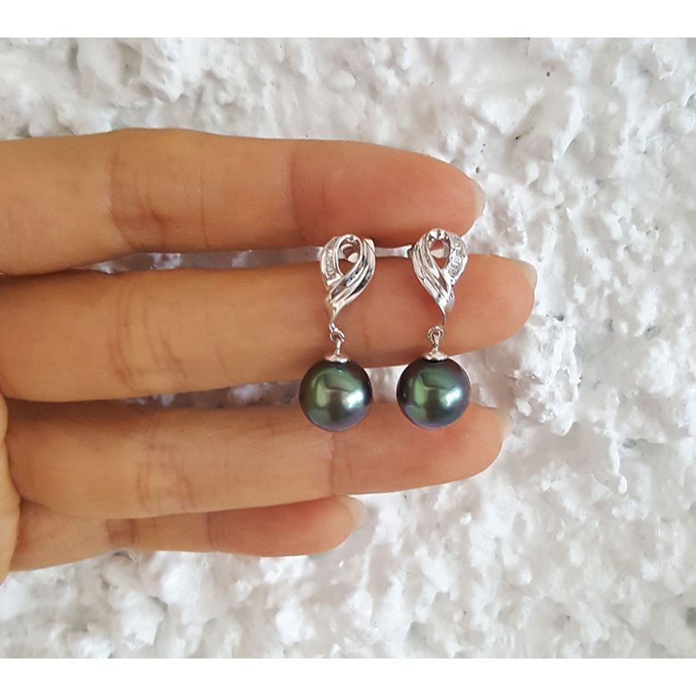Boucles oreilles perles noires - Perle de Tahiti - Or blanc - Diamants sertis rails - 5