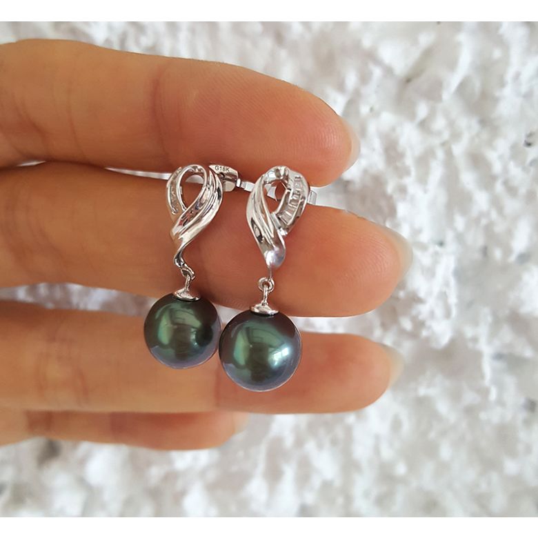 Boucles oreilles perles noires - Perle de Tahiti - Or blanc - Diamants sertis rails - 6