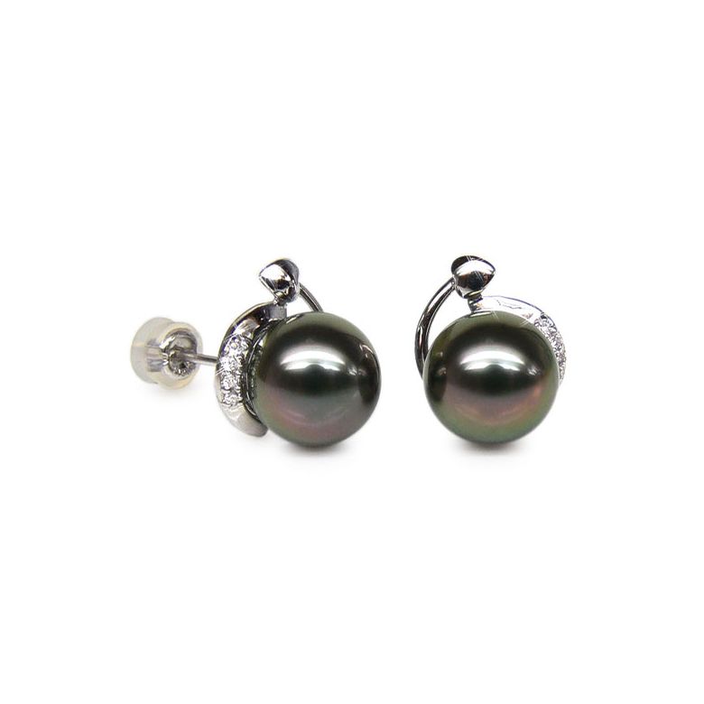 Boucles oreilles couronnes or blanc - Perles de Tahiti, diamants sertis - 1