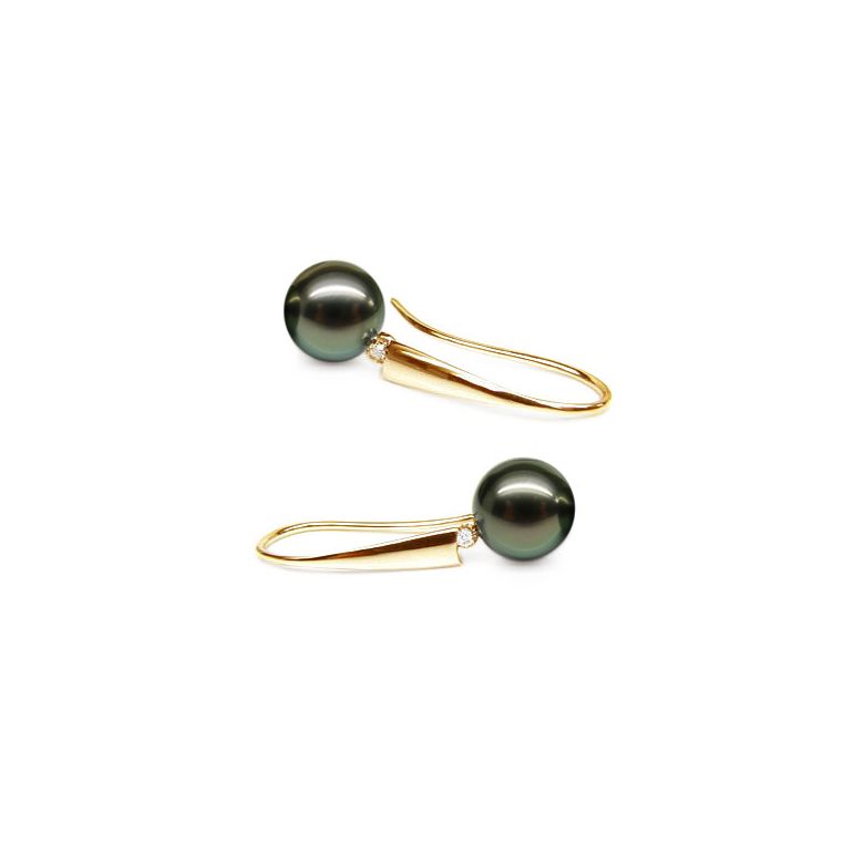 Boucles oreilles perles Tahiti - Crochets perles noires paons - Or jaune - 1