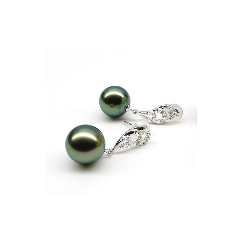 Boucles oreilles plumes de paon - Pendants or blanc - Perles Tahiti - 3