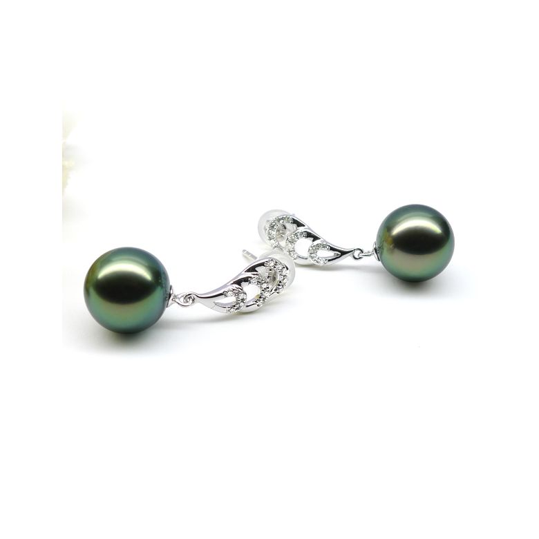 Boucles oreilles plumes de paon - Pendants or blanc - Perles Tahiti - 2