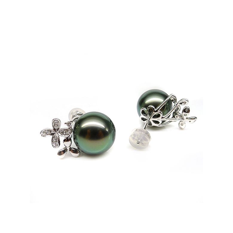Boucles oreilles perles Tahiti motifs floraux - Or blanc, diamants - 7