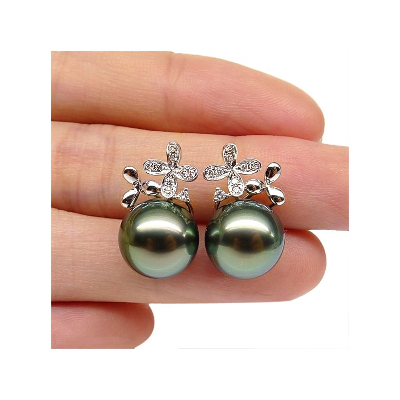 Boucles oreilles perles Tahiti motifs floraux - Or blanc, diamants - 5