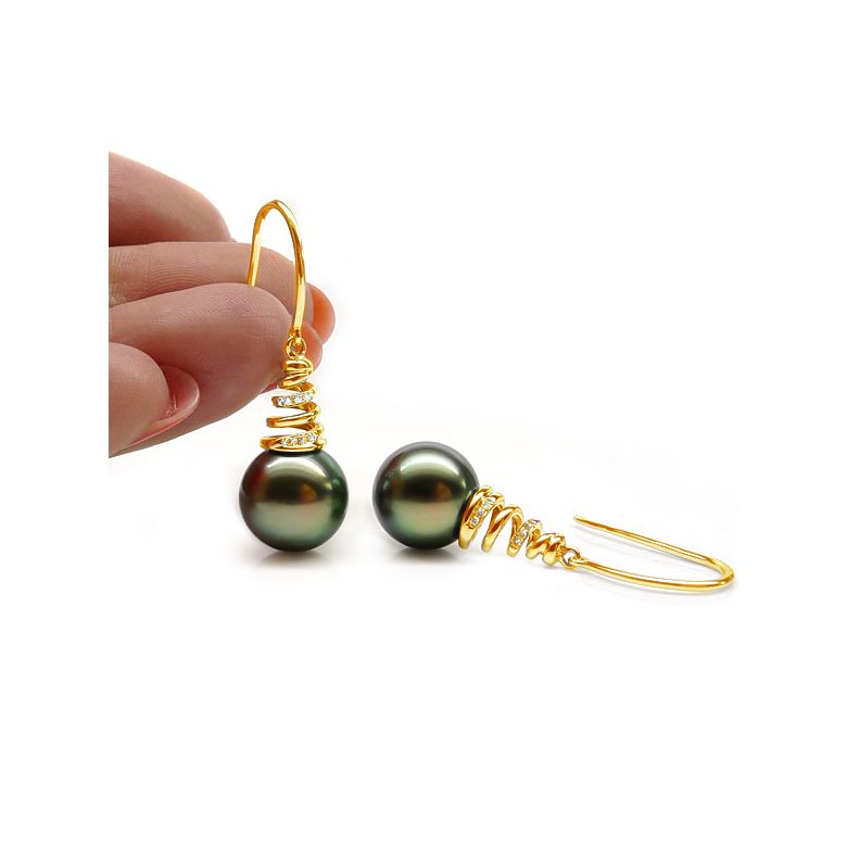 Boucles oreilles spirales torsadées - Perles de Tahiti, or jaune - 2