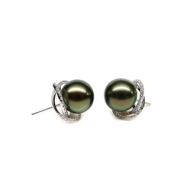 Boucles elliptiques en or blanc - Perles Tahiti, Couronnes diamants - 3