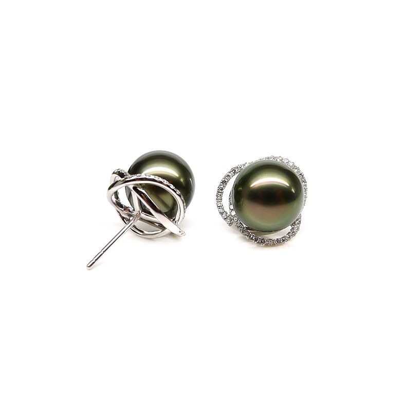 Boucles elliptiques en or blanc - Perles Tahiti, Couronnes diamants - 4