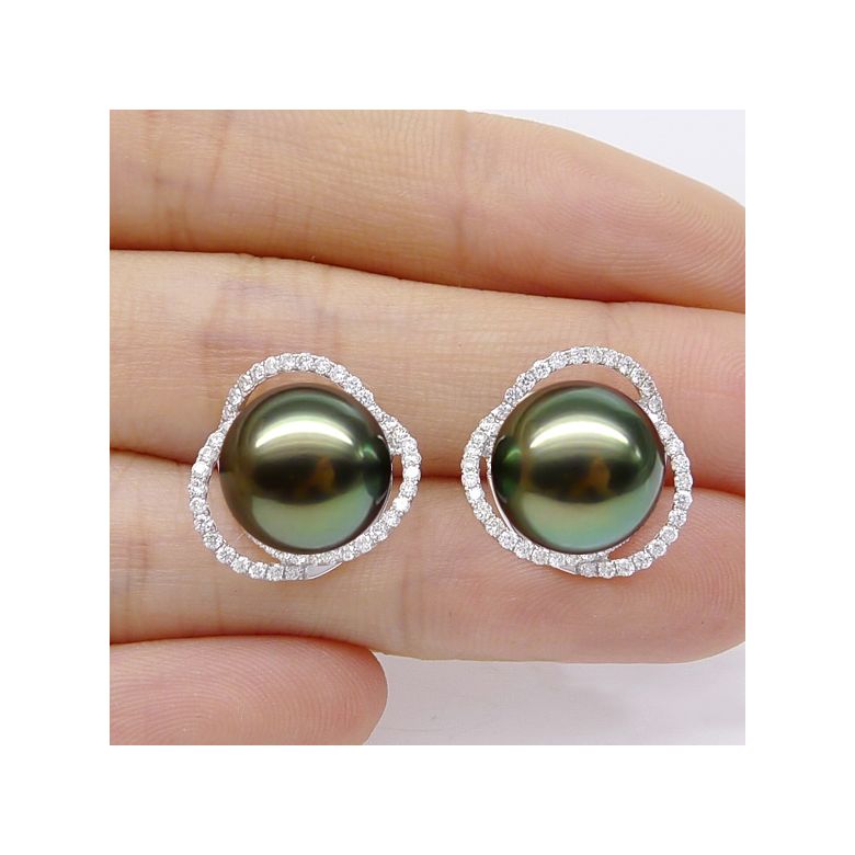 Boucles elliptiques en or blanc - Perles Tahiti, Couronnes diamants - 2