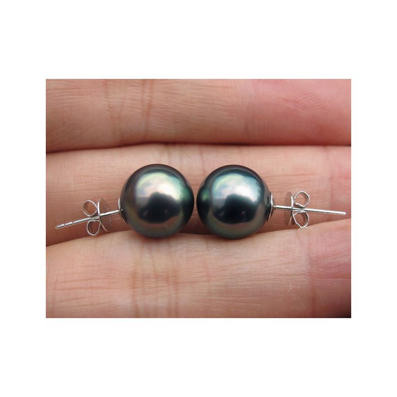 Boucles oreilles clous or blanc. Perles de Tahiti noires - 2