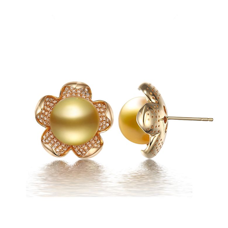 Boucles d'oreilles fleurs de frangipanier - Perles d'Australie dorées - 1