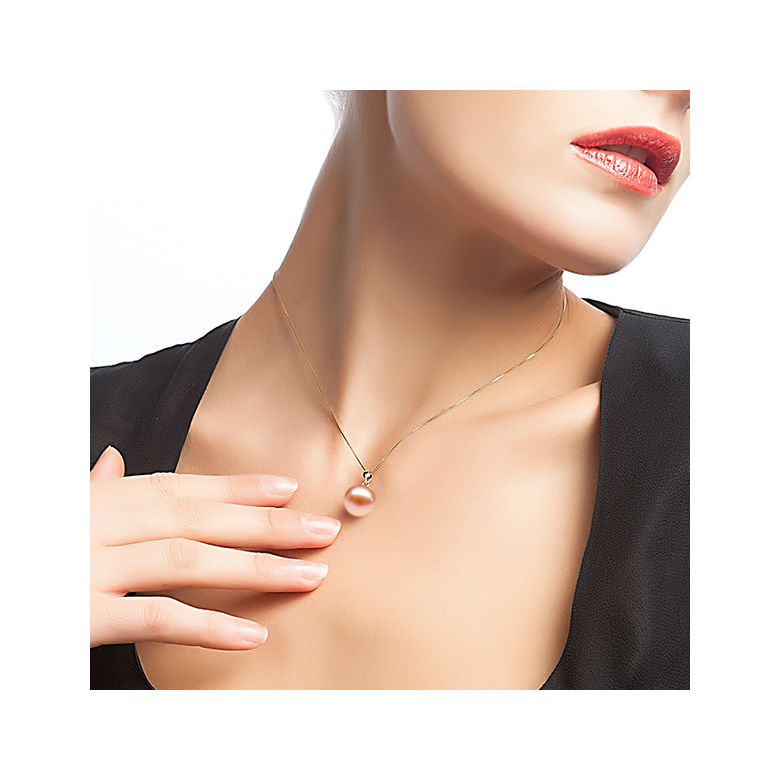 Collier une perle rose - Pendentif or jaune - 2
