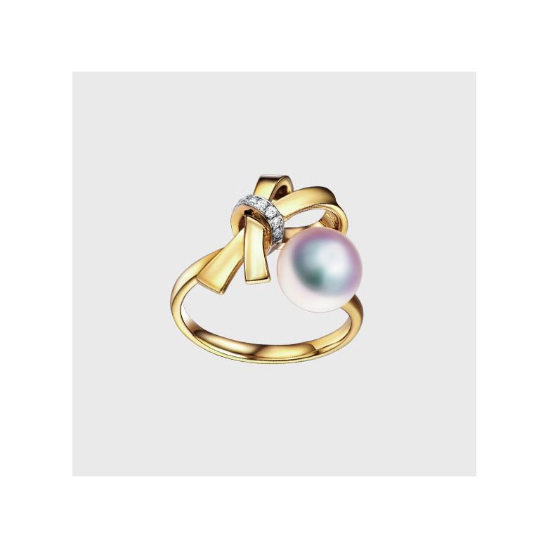 Bague Noeud avec Ganse. Perle Akoya, Or jaune et Diamants - 7