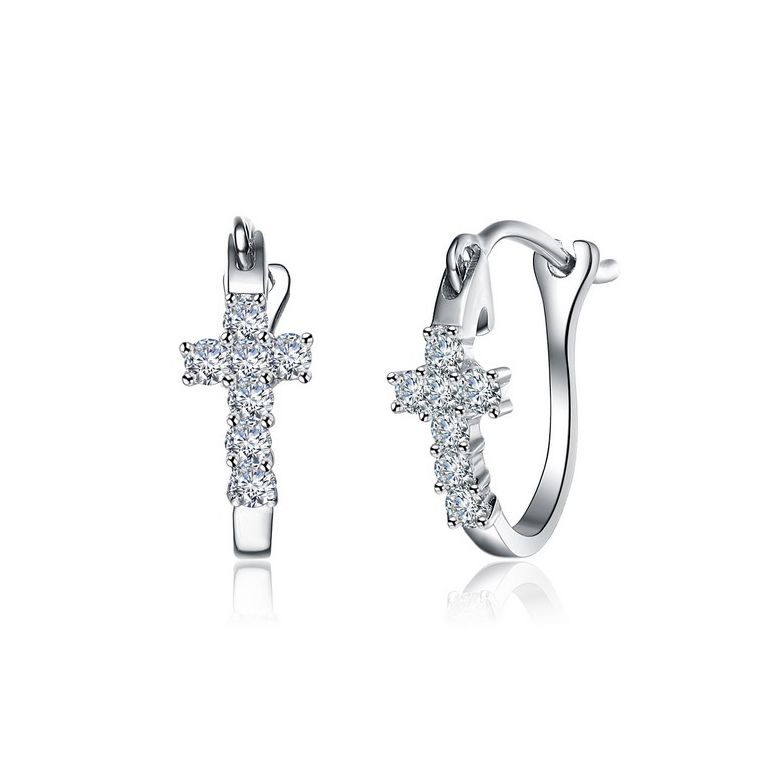 Boucles d'oreilles dormeuses religieuses. Croix diamants Or blanc  - 5