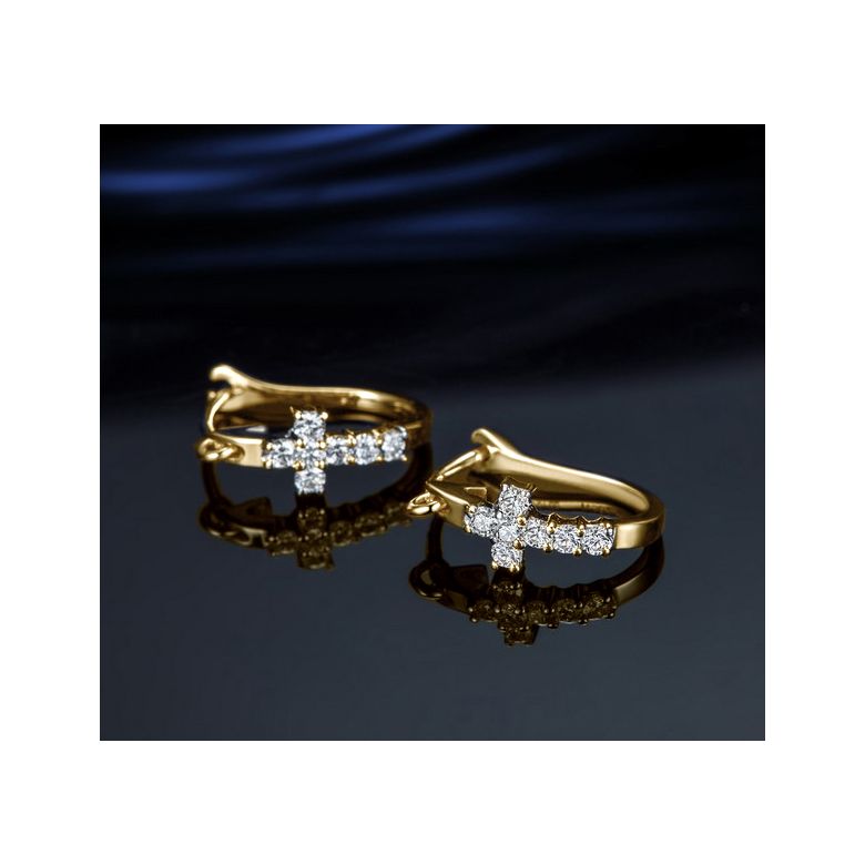 Boucles d'oreilles dormeuses religieuses. Croix diamants Or jaune  - 4