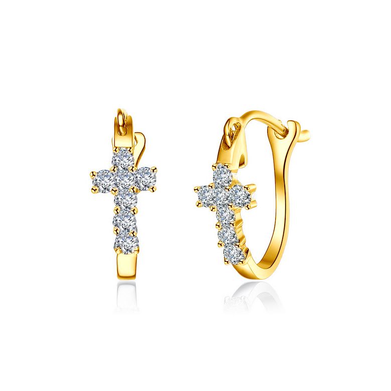 Boucles d'oreilles dormeuses religieuses. Croix diamants Or jaune  - 5
