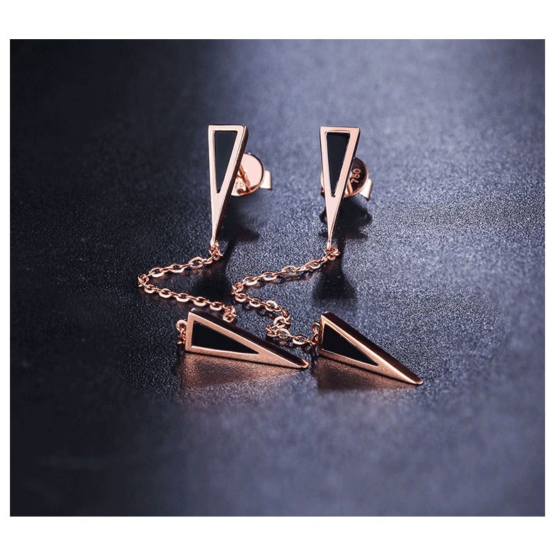 Pendants d'oreilles Or rose et agates noires. Chaînettes - 5