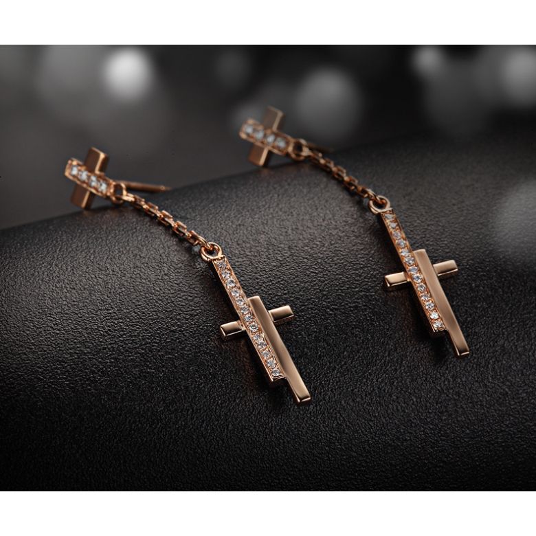 Boucles oreilles croix pendante Or rose diamants 0.21ct - 3