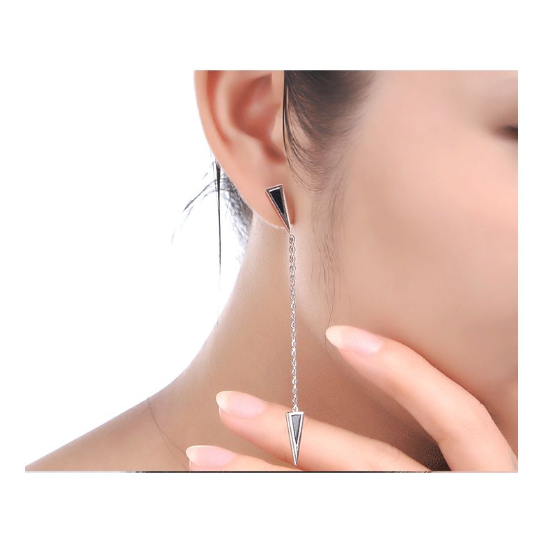 Pendants d'oreilles Or blanc et agates noires. Chaînettes - 4