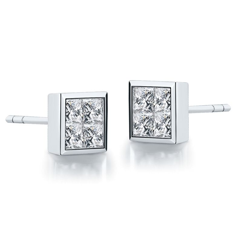 Boucles puces diamants princesse 0.40ct. Or blanc. Personnalisable - 10