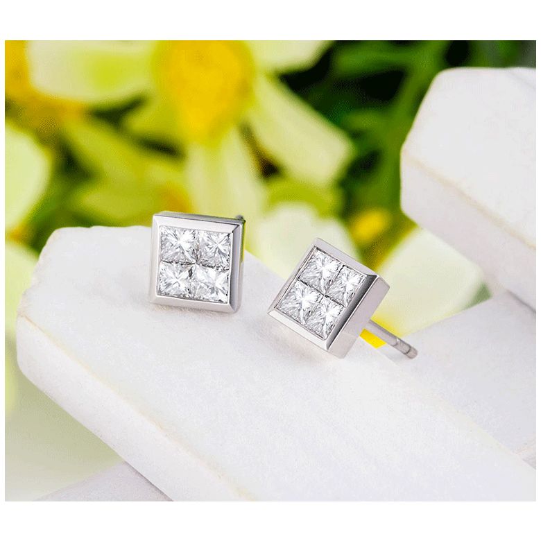 Boucles puces diamants princesse 0.40ct. Or blanc. Personnalisable - 8