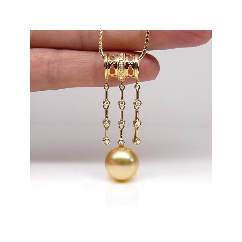 Pendentif luxe ethnique - Perle d'Australie dorée - Or jaune, diamants - 2