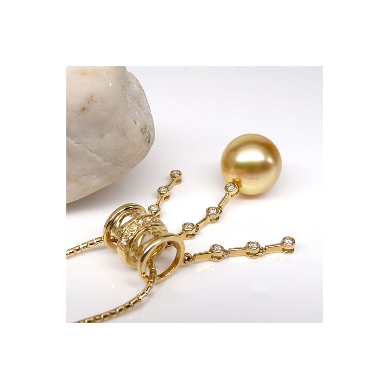 Pendentif luxe ethnique - Perle d'Australie dorée - Or jaune, diamants - 3