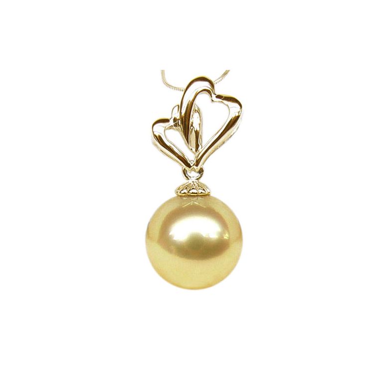 Pendentif 2 coeurs d'or jaune - Perle d'Australie dorée - 2