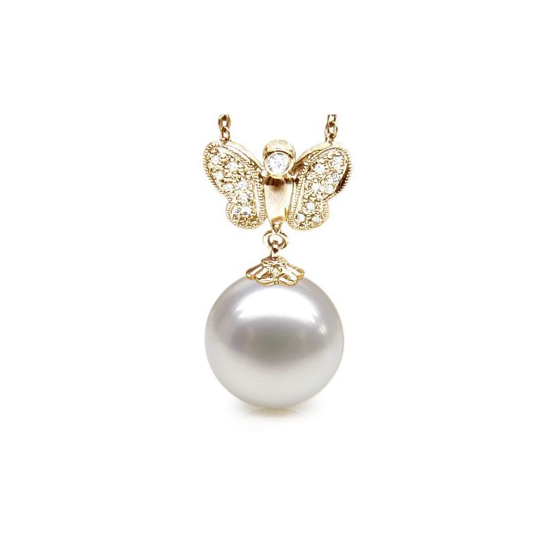 Pendentif papillon or jaune - Perle d'Australie blanche - Diamants - 1