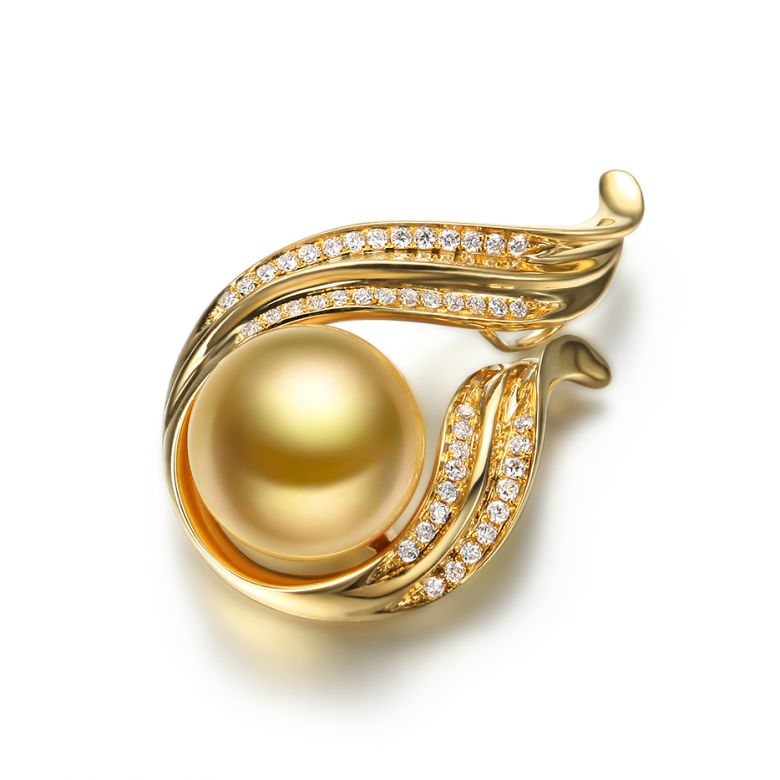  Pendentif Douce Végétale - Perle dorée - Or jaune, diamants - 3