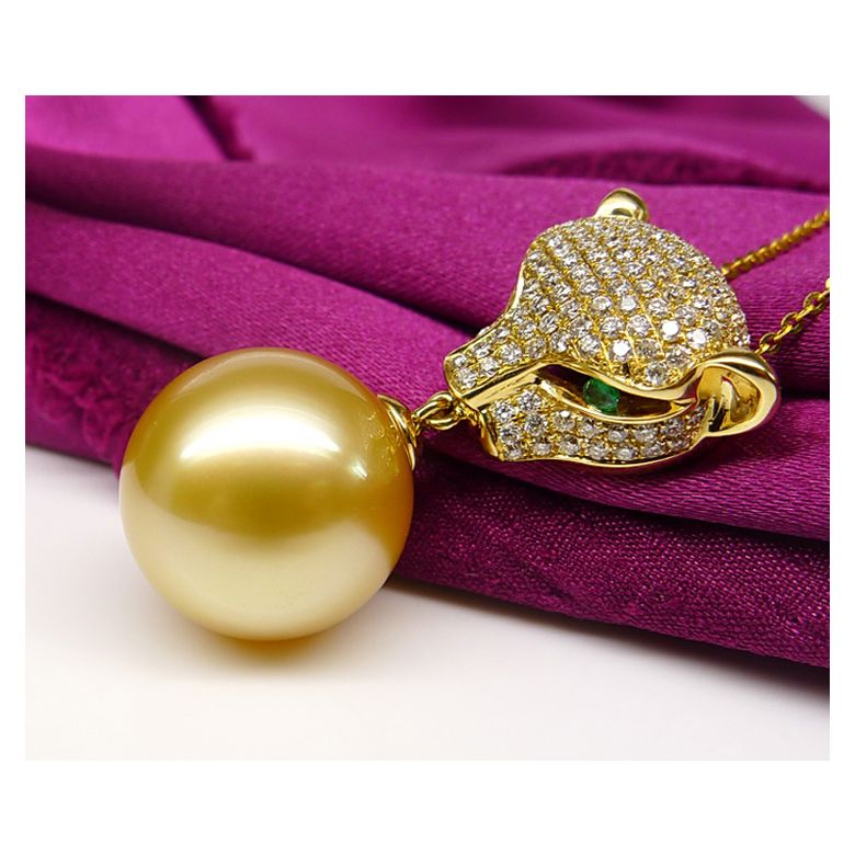 Pendentif Panthère Perle d'Australie dorée. Or jaune et Diamants - 6