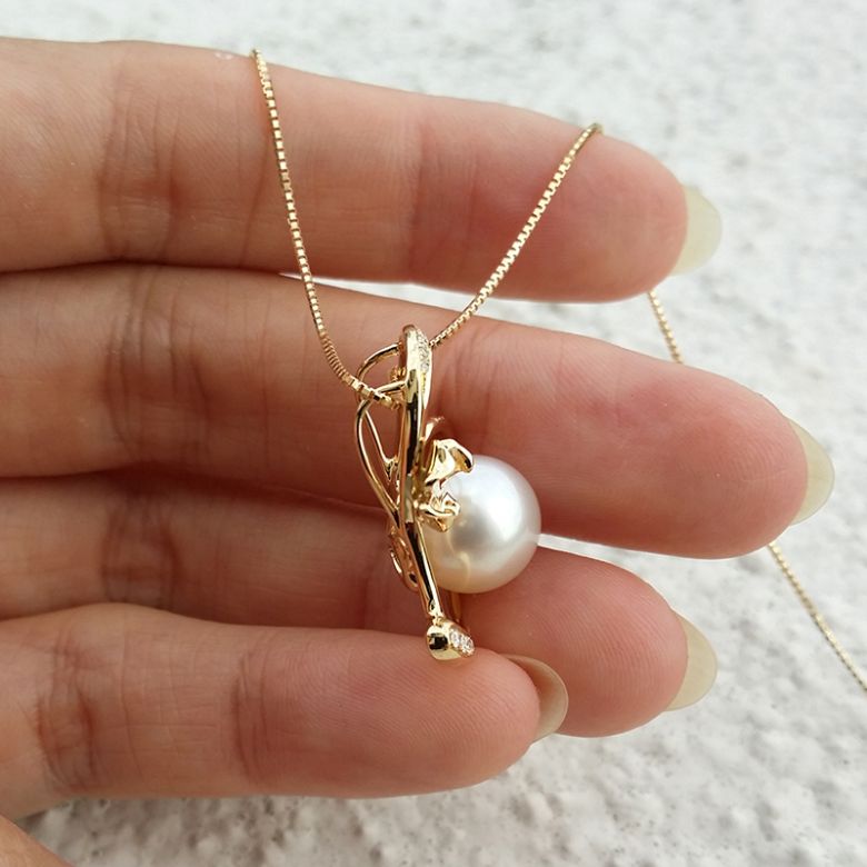 Pendentif perle d'Australie or jaune et diamant - Coeur de trèfle - 3