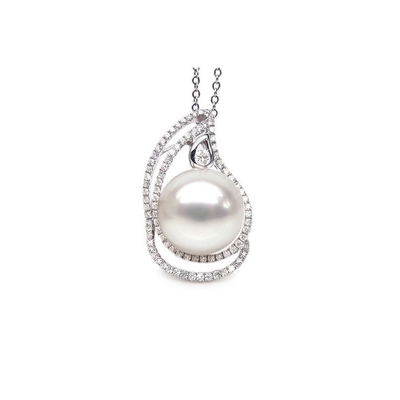 Pendentif goutte d'or blanc et diamants - Perle d'Australie blanche - 1