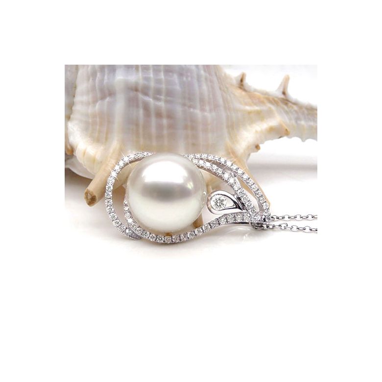 Pendentif goutte d'or blanc et diamants - Perle d'Australie blanche - 2