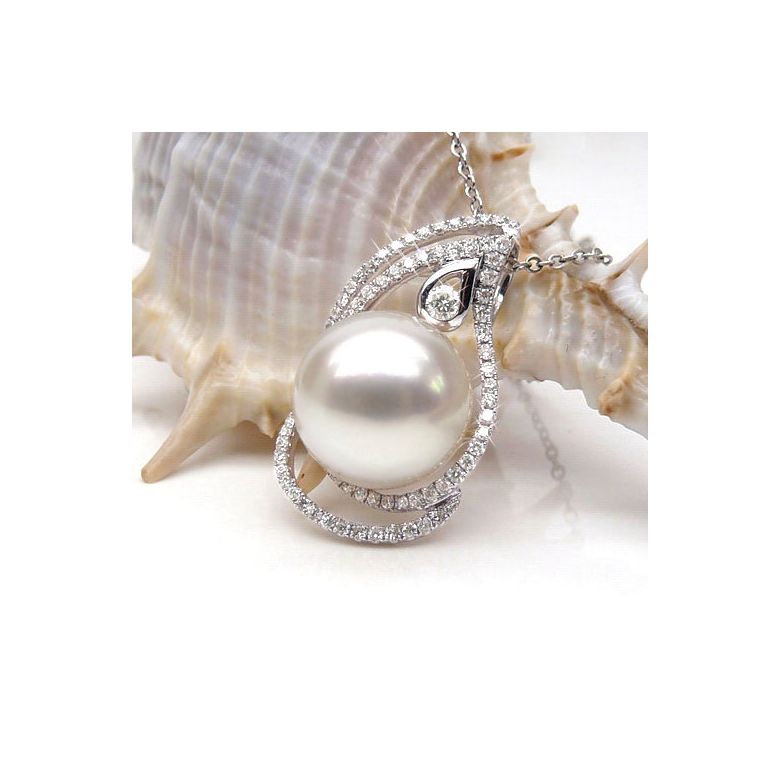 Pendentif goutte d'or blanc et diamants - Perle d'Australie blanche - 3
